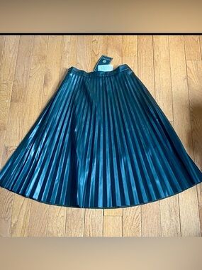 Bagatelle Faux Leather Pleated Midi Skirt Black A-Line NWT Chic Workwear